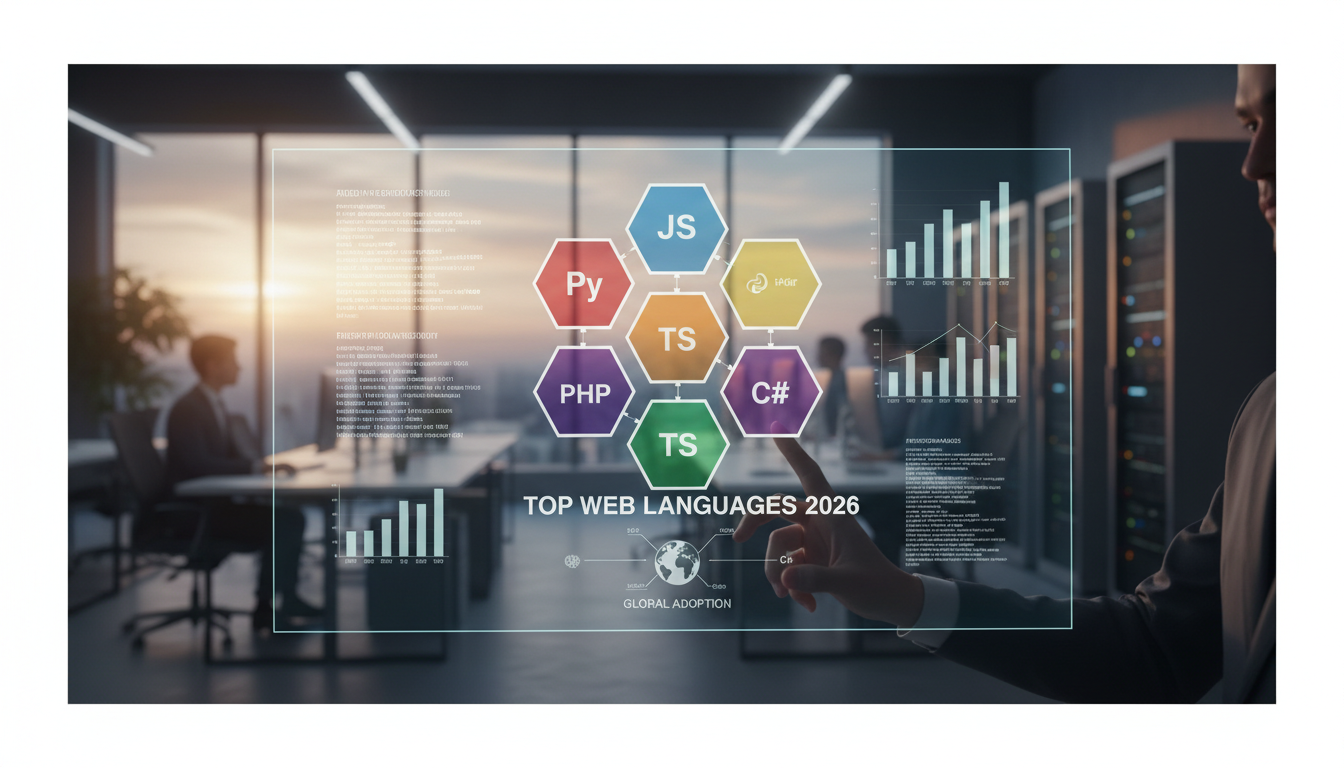Photorealistic image of coding languages comparison for web development 2026, professional editorial style.