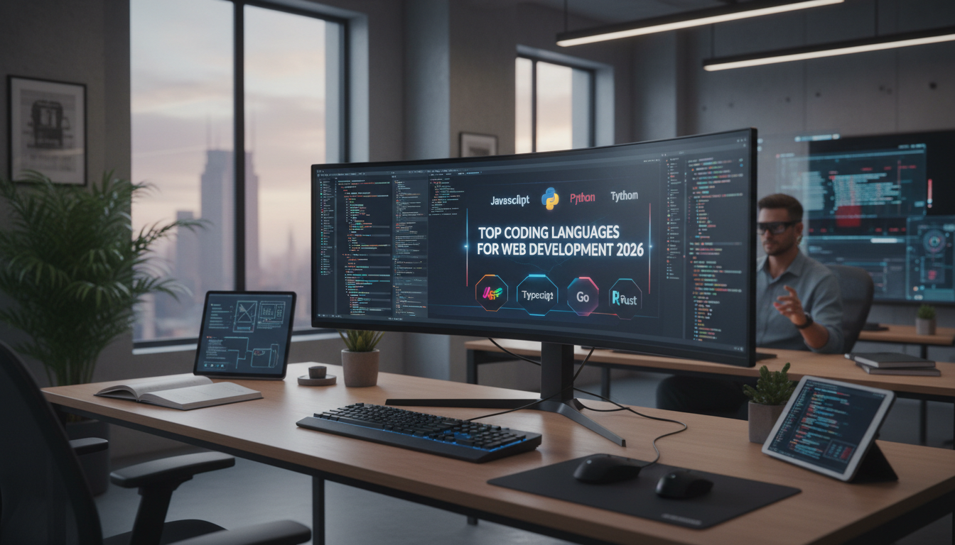 Photorealistic image of a modern programming workspace highlighting coding languages for 2026