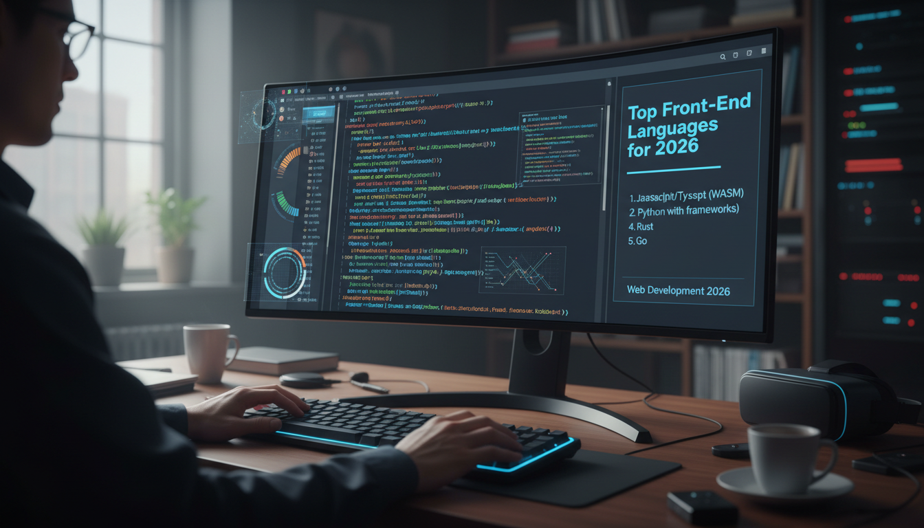 Photorealistic image of a developer coding on a large screen with colorful UI elements, showcasing front-end languages for 2026.