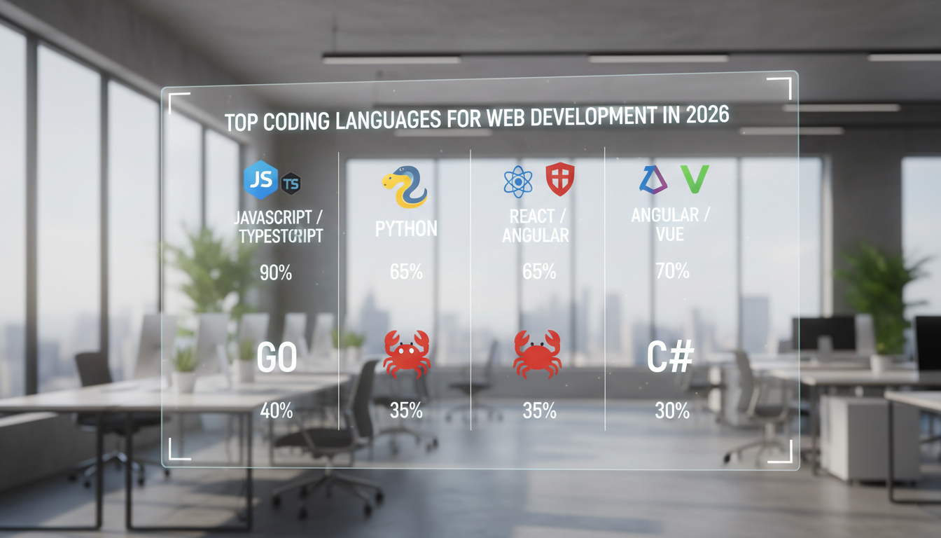 Photorealistic diagram showing top coding languages for web development in 2026 with technical details.