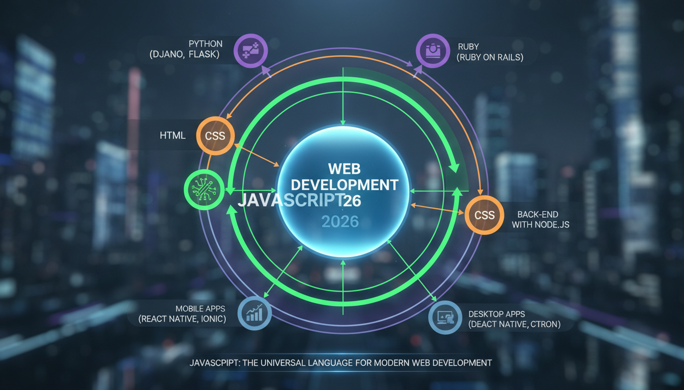 Photorealistic diagram explaining the importance of JavaScript in web development, with natural lighting and sharp focus.