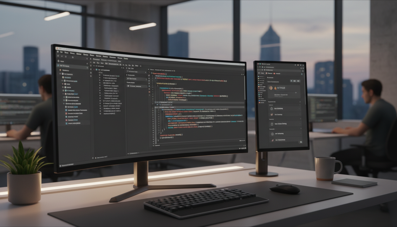 Photorealistic wide shot of a modern web development workspace for React Server Components