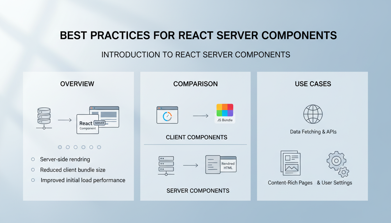 Photorealistic close-up of React Server Components overview, highlighting benefits and use cases with realistic lighting.