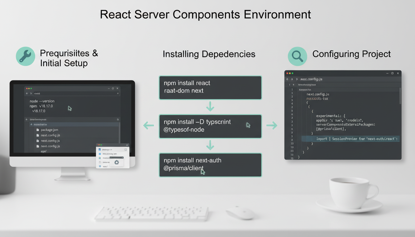 Close-up of a developer's hands configuring a React project with server components setup, detailed and realistic.