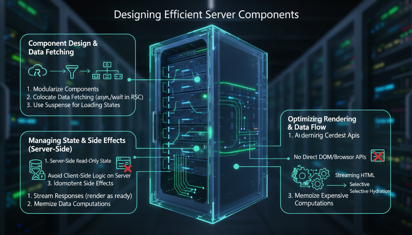 Photorealistic close-up of server component design, data flow, and state management for React best practices.