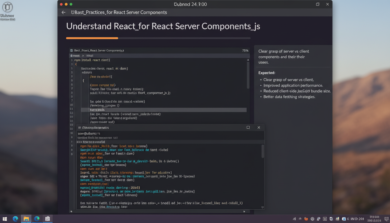 Close-up of Ubuntu desktop showing terminal commands for React Server Components tutorial, realistic lighting and sharp focus