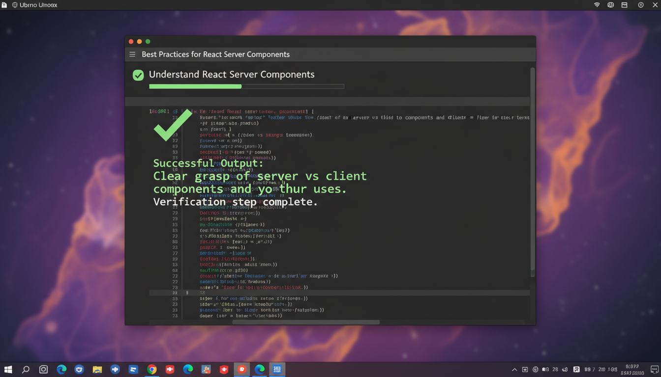 Photorealistic screenshot of Ubuntu terminal demonstrating React Server Components understanding, with clear technical details.