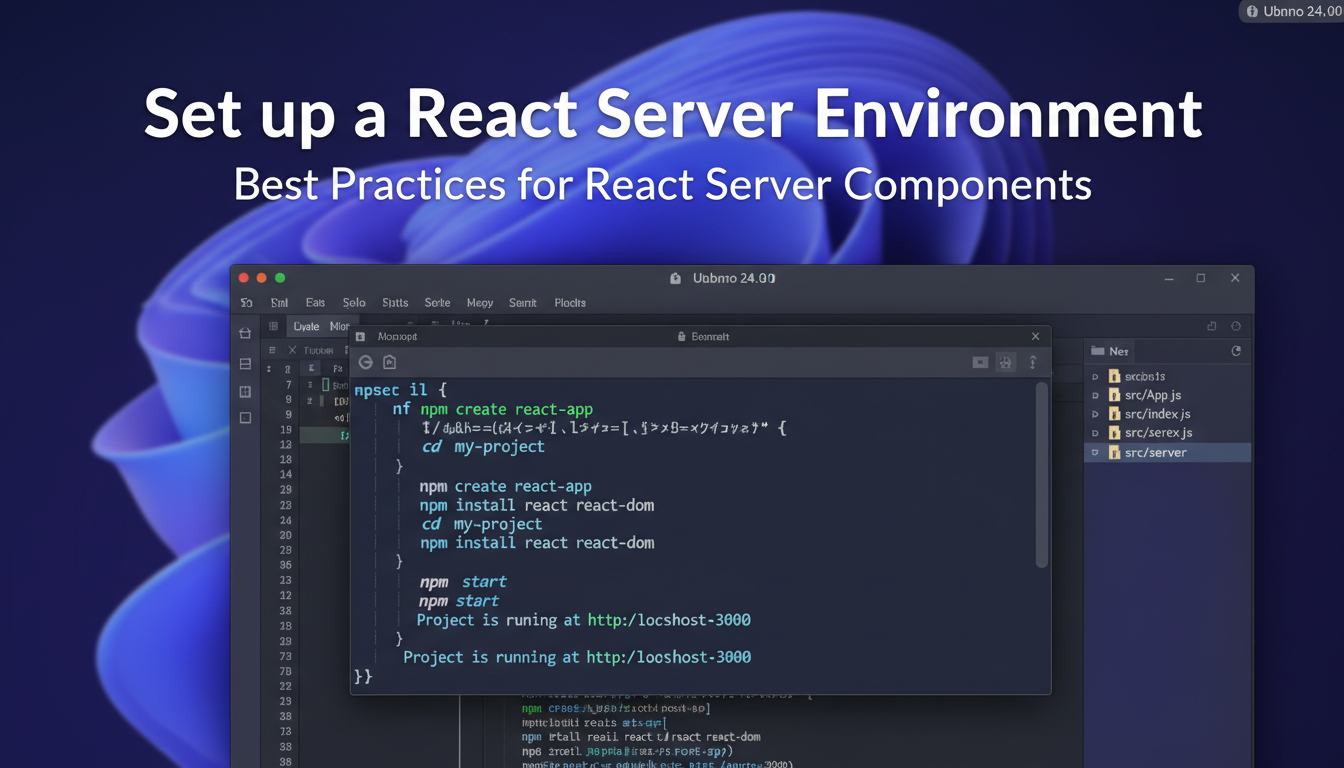 Close-up of Ubuntu desktop with terminal commands for React server setup in progress