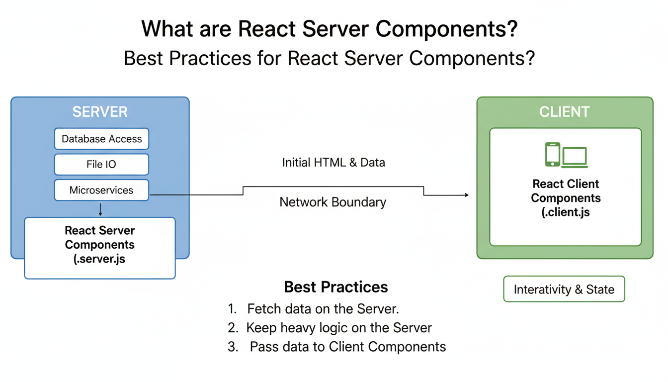 Photorealistic diagram illustrating React Server Components with natural lighting and sharp focus.