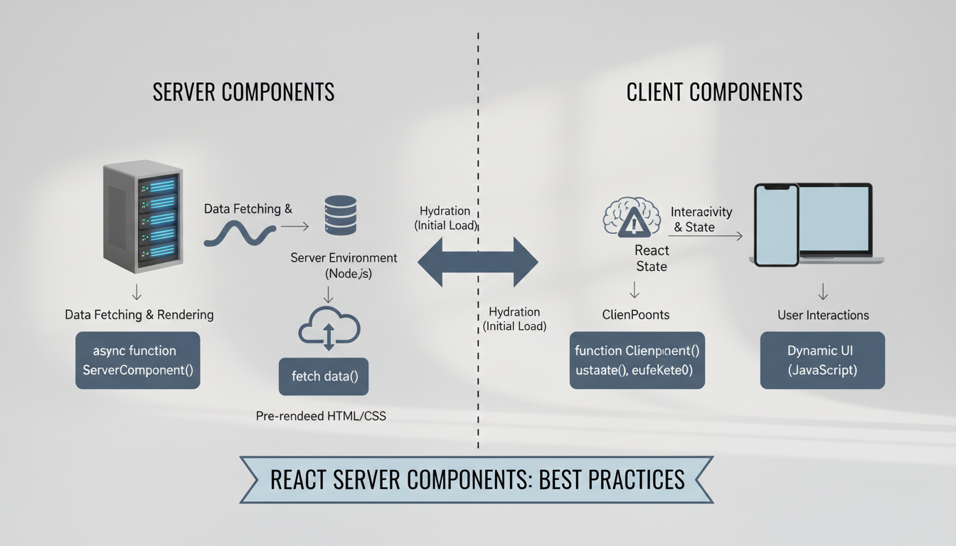 Photorealistic diagram comparing React Server and Client Components with clear labels and technical details.