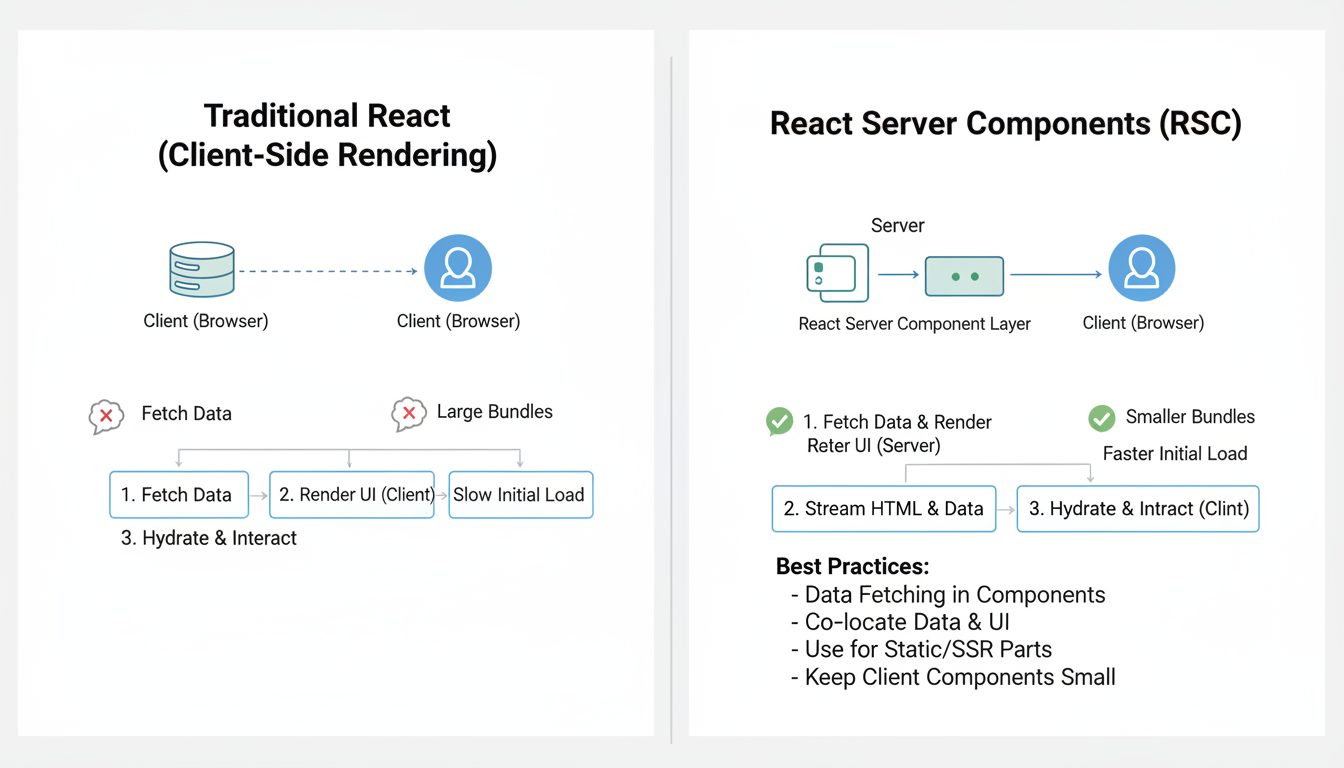Photorealistic diagram illustrating benefits of React Server Components with clear, natural lighting.
