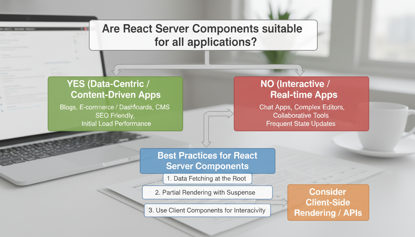 Photorealistic diagram explaining if React Server Components suit all apps, with clear technical details and natural lighting.