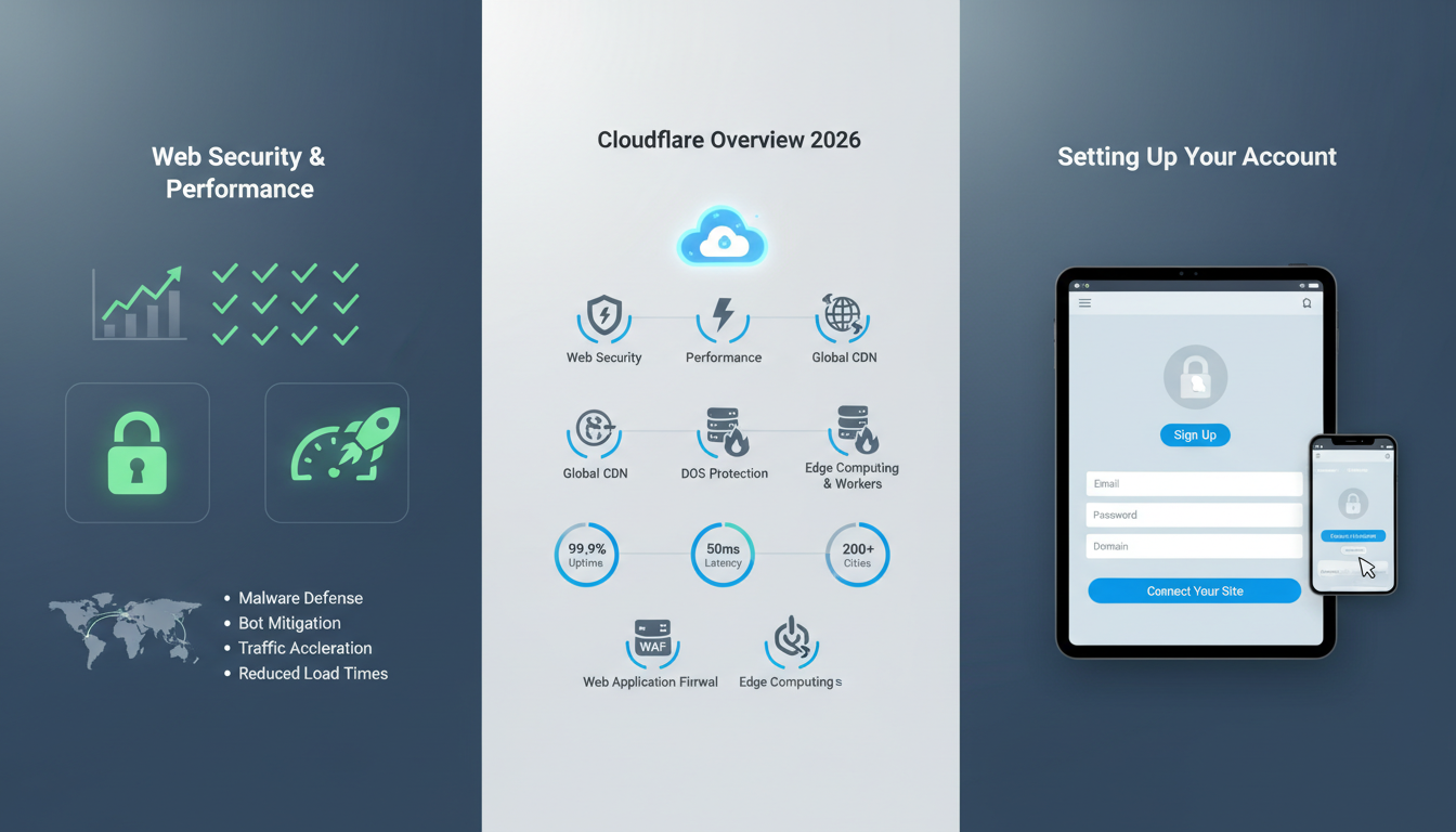 Photorealistic close-up of Cloudflare's 2026 features, highlighting security and performance tools.