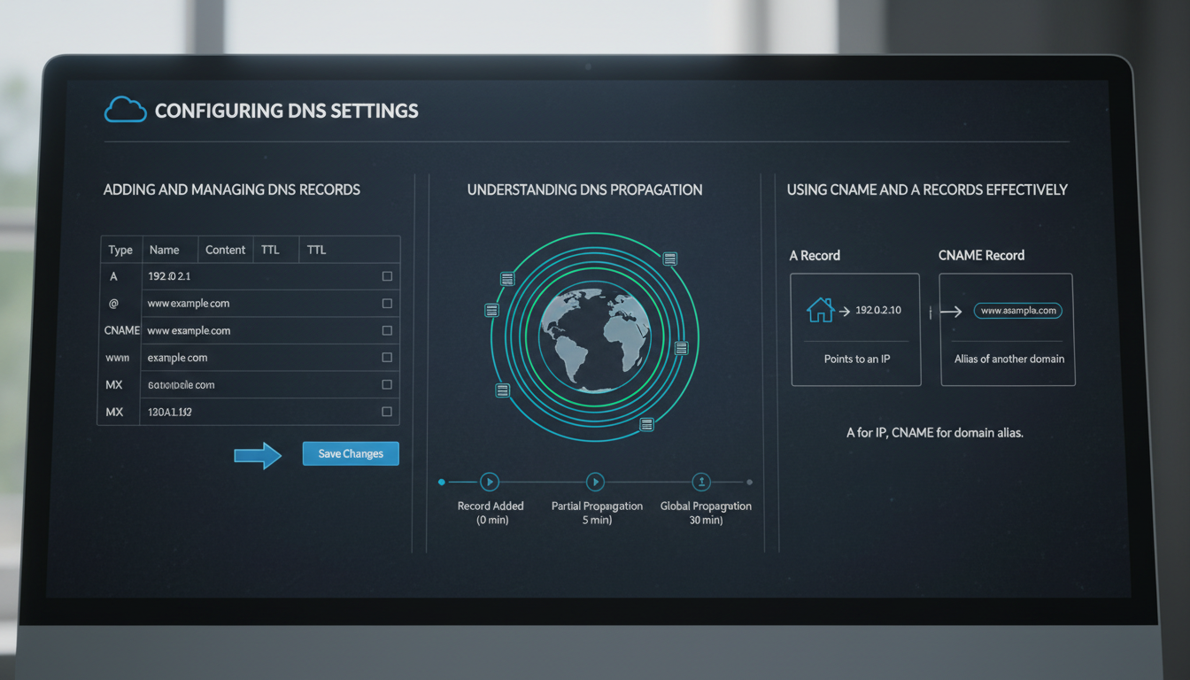 Close-up of a computer screen displaying DNS record management with CNAME and A records in a professional setting