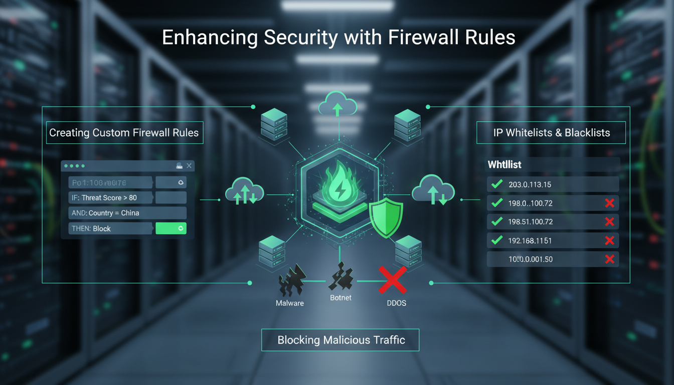 Photorealistic close-up of a network firewall interface showing custom rules, IP whitelists, and blacklists with detailed technical focus.