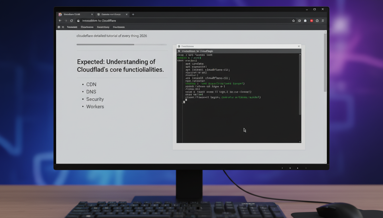 Close-up of Ubuntu 24.04 desktop screen showing terminal commands for Cloudflare tutorial, realistic lighting and focus.