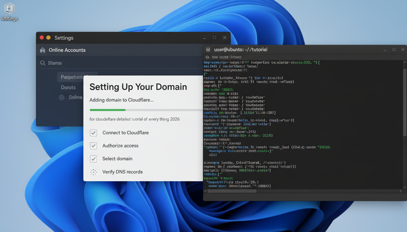 Close-up of Ubuntu desktop showing terminal commands for domain setup and DNS verification.