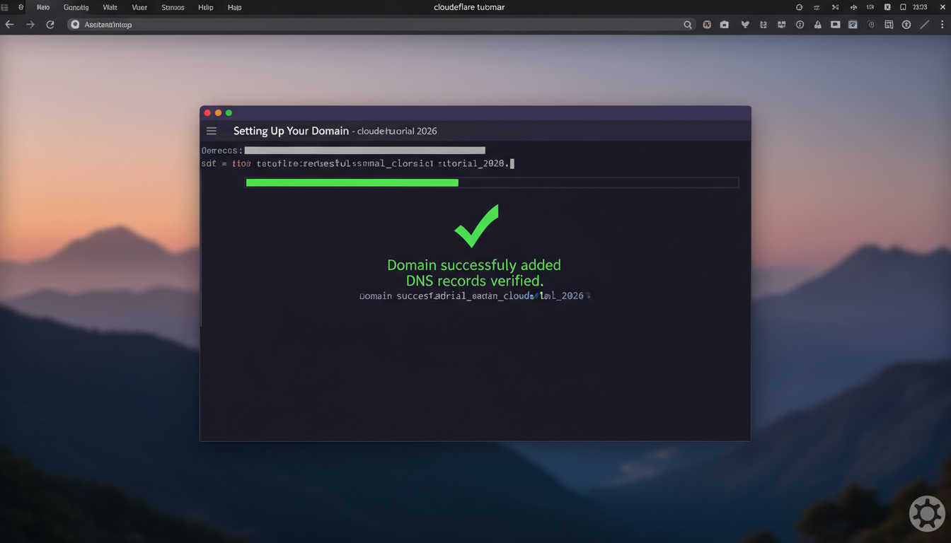 Photorealistic screenshot of domain setup on Ubuntu Linux, DNS verified, with terminal window showing success message.