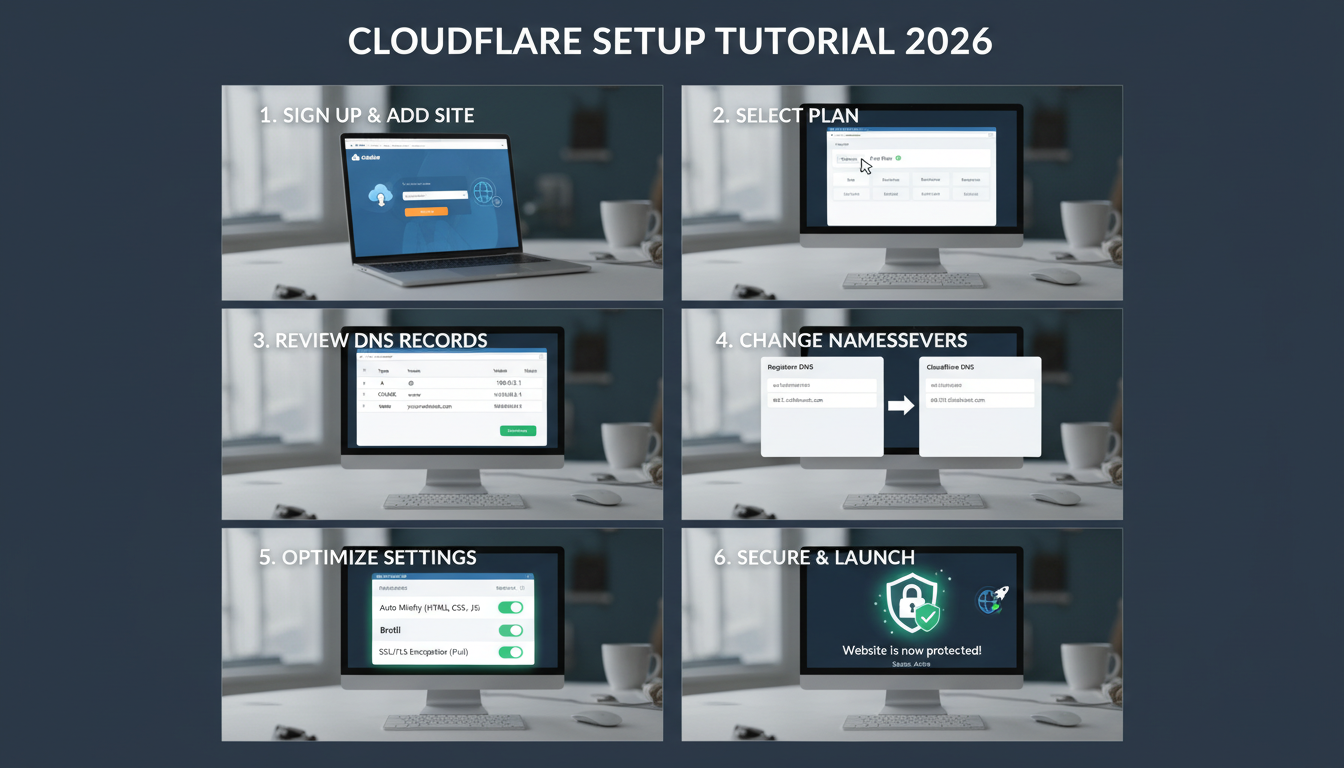 Photorealistic diagram showing step-by-step Cloudflare setup for a website with clear labels and technical details.