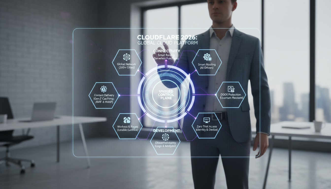 Photorealistic diagram showing Cloudflare features in 2026 with detailed technical elements and natural lighting.