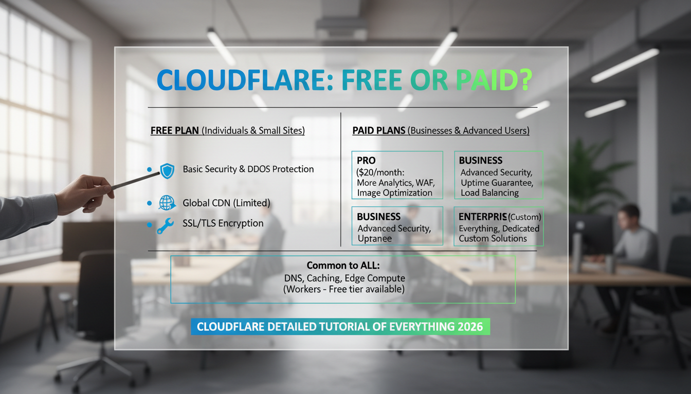 Photorealistic diagram explaining whether Cloudflare is free or paid, with clear technical details.
