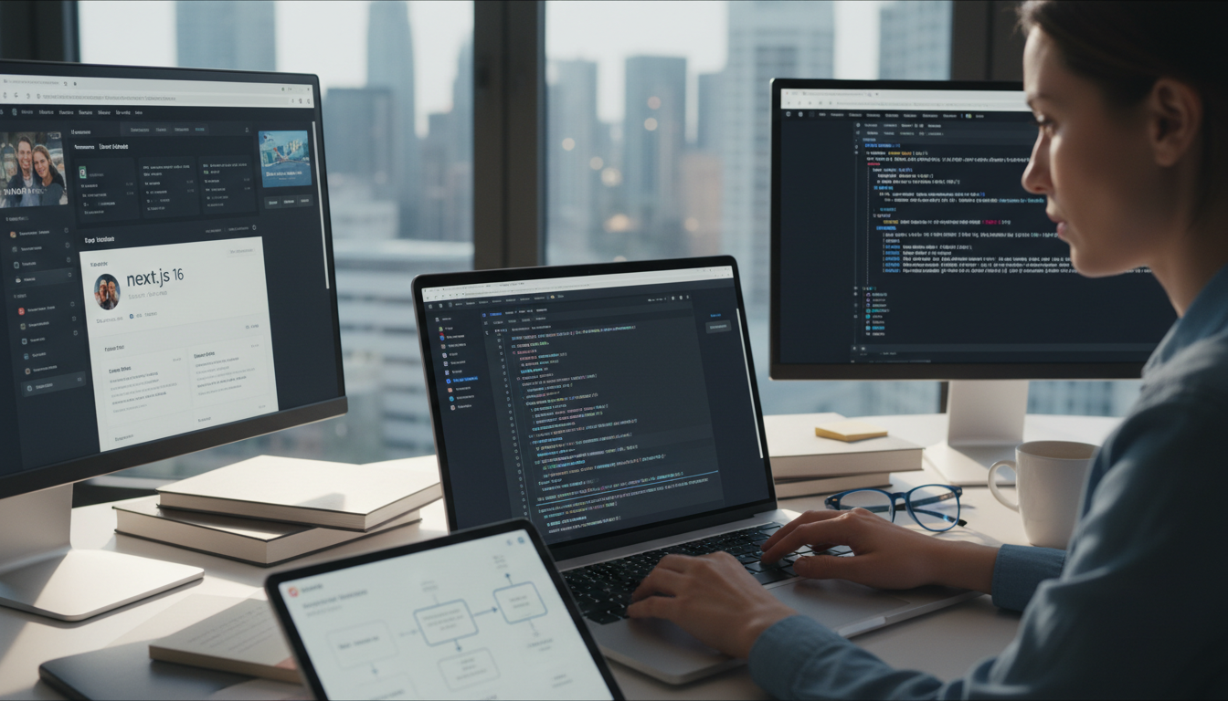 Photorealistic professional editorial photo of a web developer working on Next.js 16 App Router in a modern office.