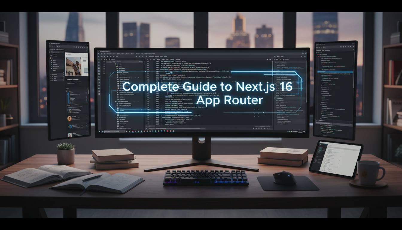 Photorealistic wide banner of a modern web development workspace for Next.js 16 App Router guide