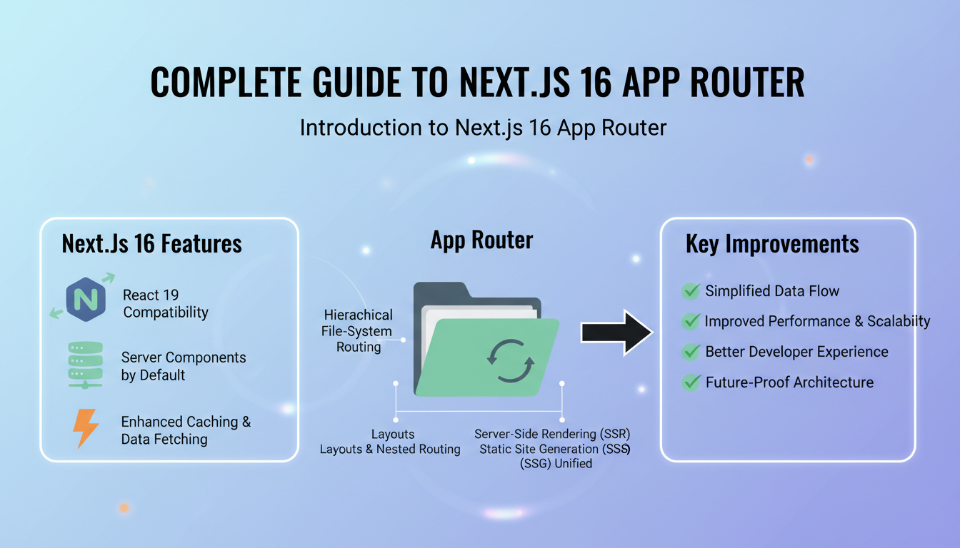 Photorealistic close-up of Next.js 16 App Router interface highlighting features and improvements.