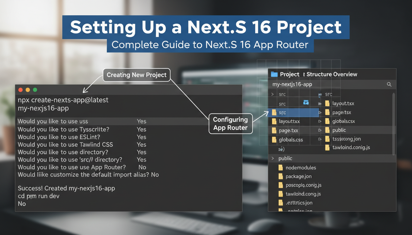 Photorealistic close-up of a developer's hands setting up a Next.js 16 project, focusing on project structure and configuration.