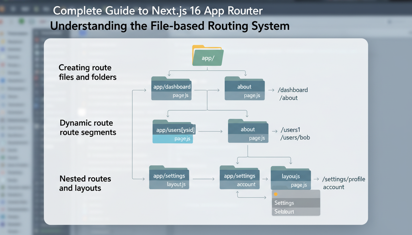 Photorealistic close-up of Next.js file-based routing system with folder structures and dynamic segments