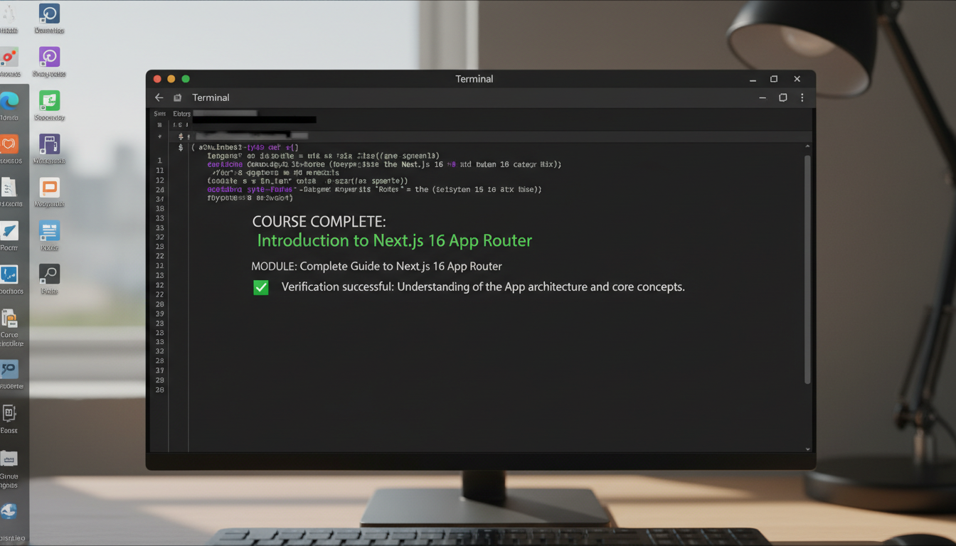 Photorealistic screenshot of Ubuntu terminal displaying Next.js 16 App Router tutorial completion, natural lighting, sharp focus.