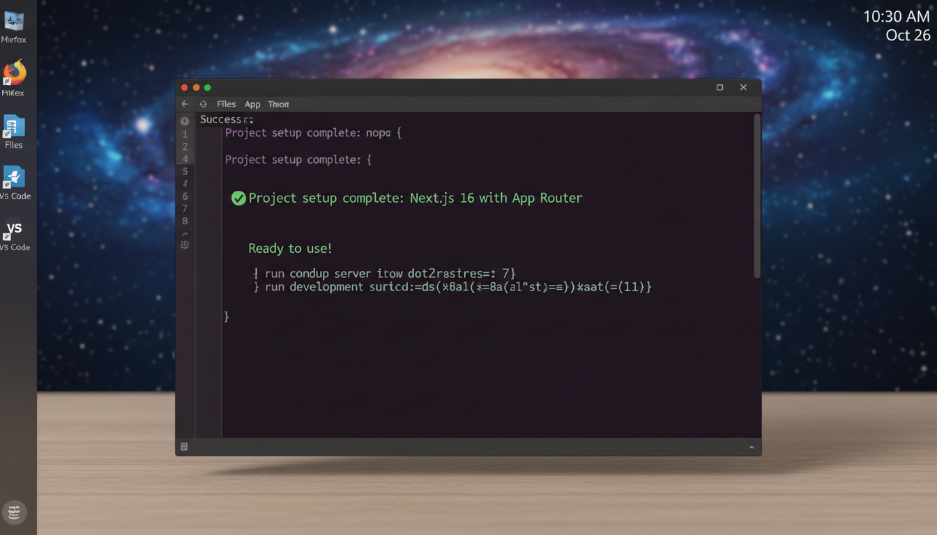 Photorealistic screenshot of a Next.js 16 project setup on Ubuntu Linux terminal, showing successful configuration.