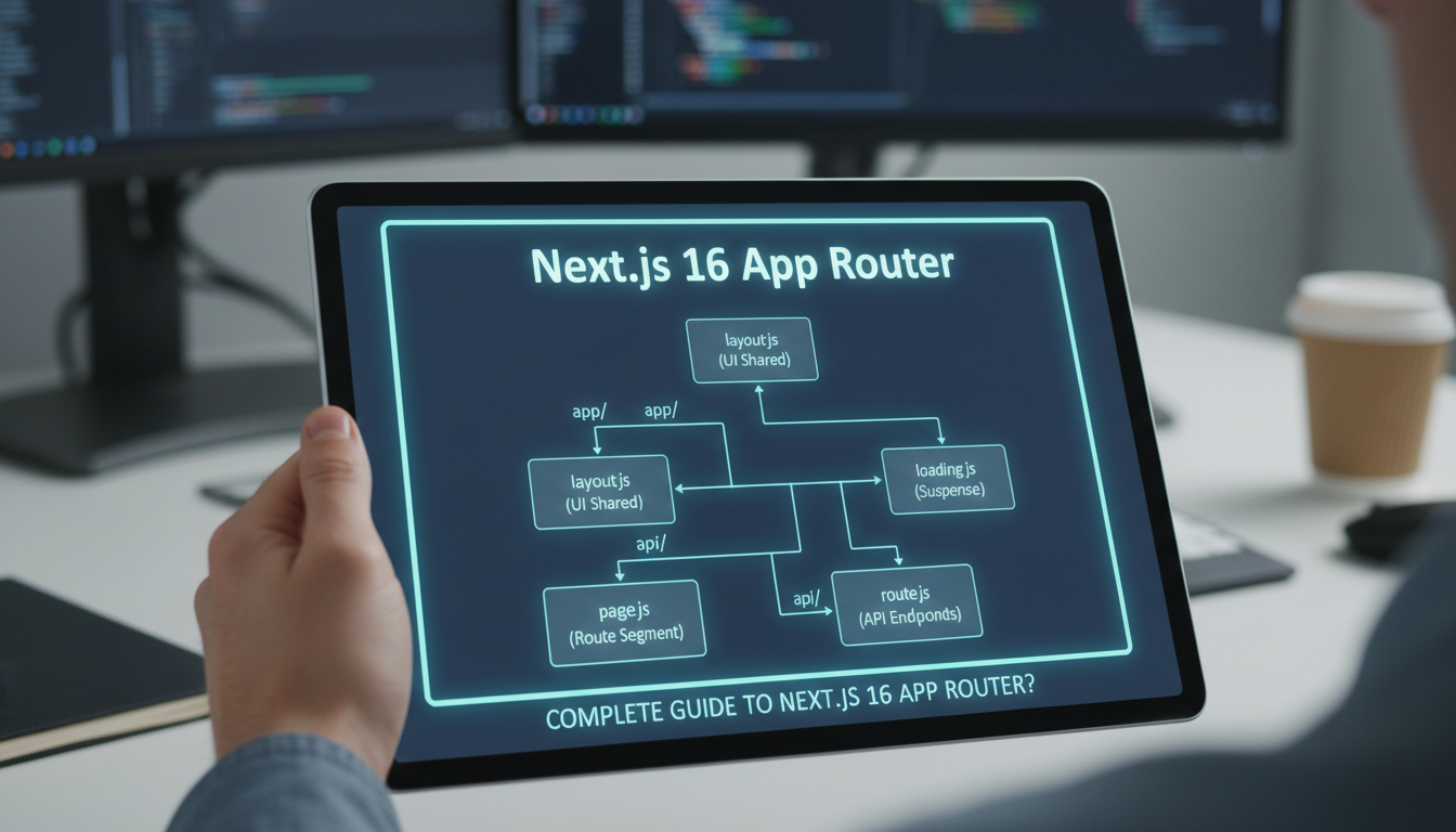 Photorealistic diagram illustrating Next.js 16 App Router architecture with clear labels and natural lighting
