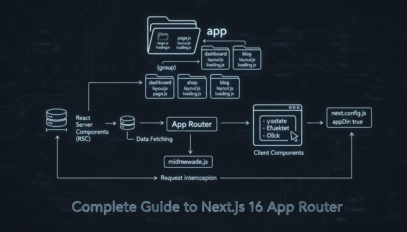 Photorealistic diagram illustrating how to implement the App Router in Next.js 16 with clear labels and technical details.