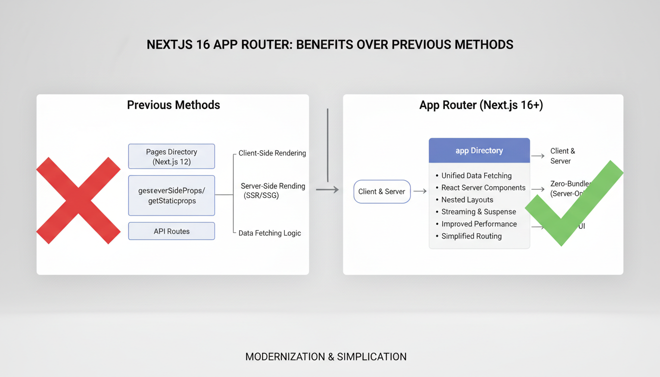 Photorealistic diagram illustrating benefits of Next.js 16 App Router over previous methods with clear labels.