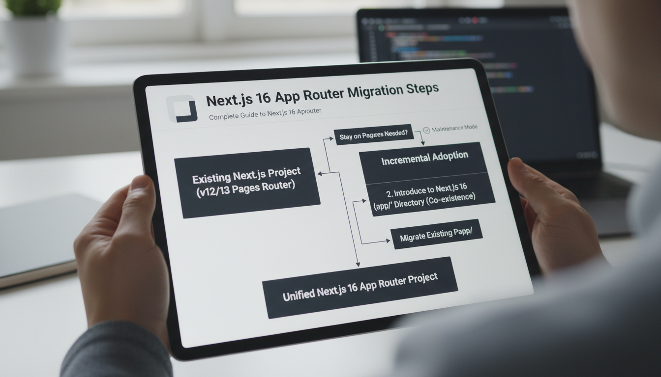 Photorealistic diagram showing migration steps for existing Next.js projects, with clear technical details.