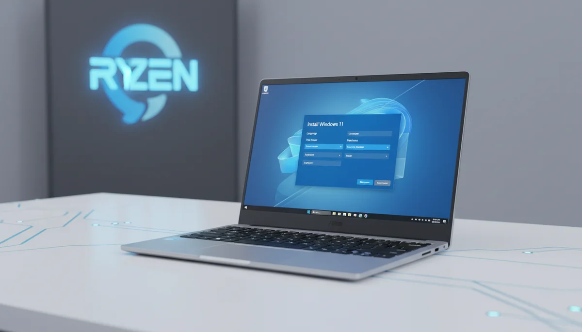 Featured image: Professional featured image for: How to Install Windows 11 on Asus Ryzen Laptop. Modern laptop showi