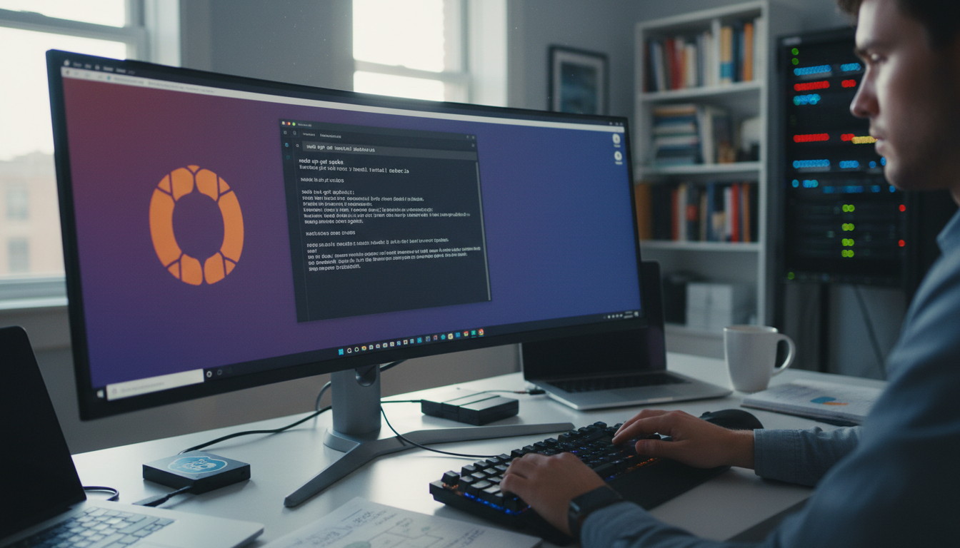 Photorealistic image showing a professional Ubuntu setup for Docker installation, with natural lighting and sharp focus.