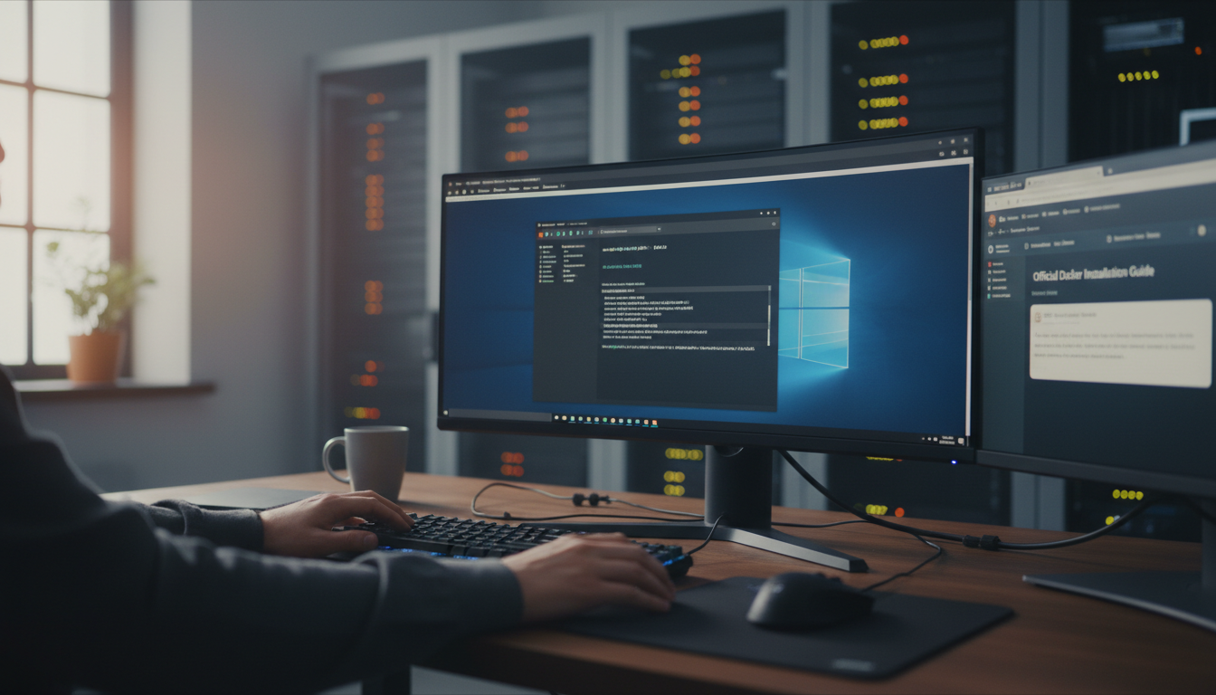 Photorealistic image of a modern tech workspace showing Ubuntu 24.04 installation on a computer screen with Docker logo.