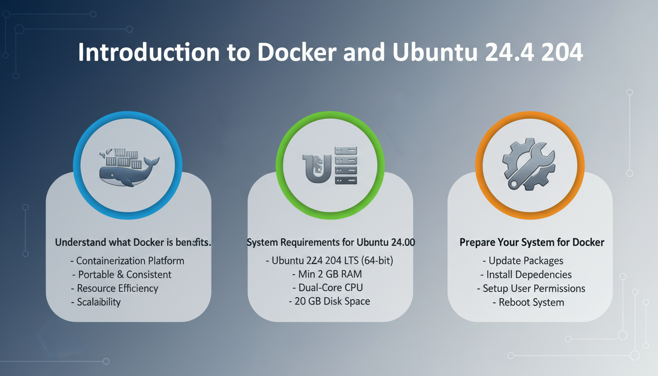 Close-up of a computer screen displaying Docker and Ubuntu 24.04 logos with technical details