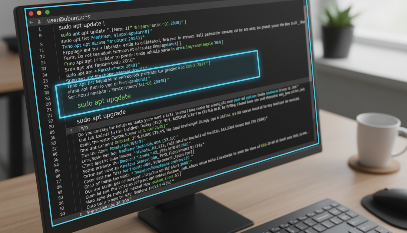 Close-up of Ubuntu terminal showing commands to update system packages with natural lighting and sharp focus.