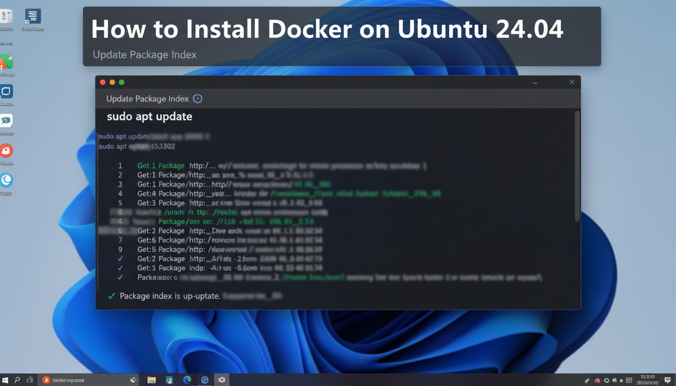 Close-up of Ubuntu 24.04 terminal showing 'Update Package Index' in progress with commands being executed.