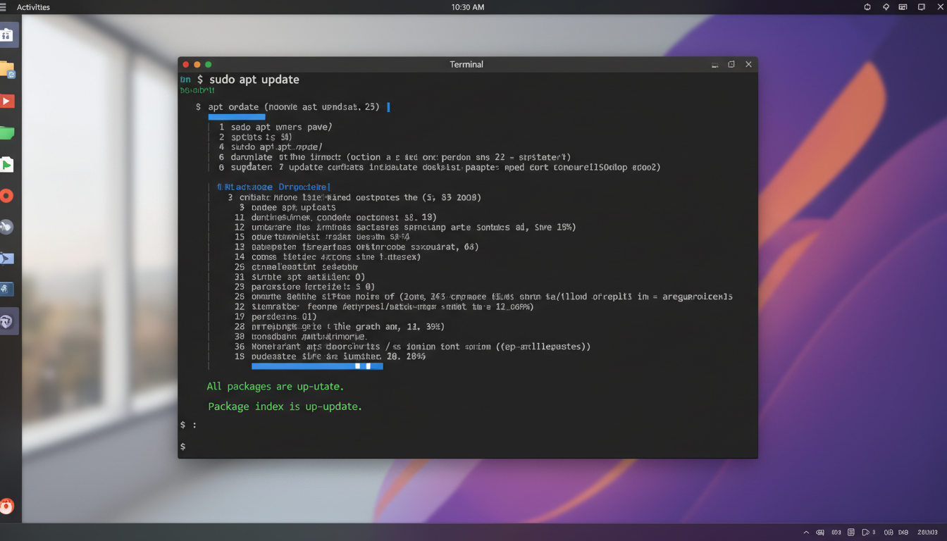 Photorealistic screenshot of Ubuntu terminal showing 'Package index is up-to-date' after updating package index