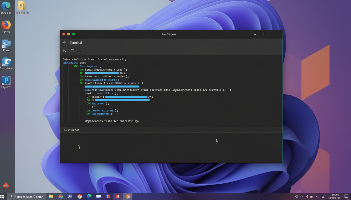 Photorealistic Ubuntu terminal showing successful dependency installation, realistic lighting, sharp focus.