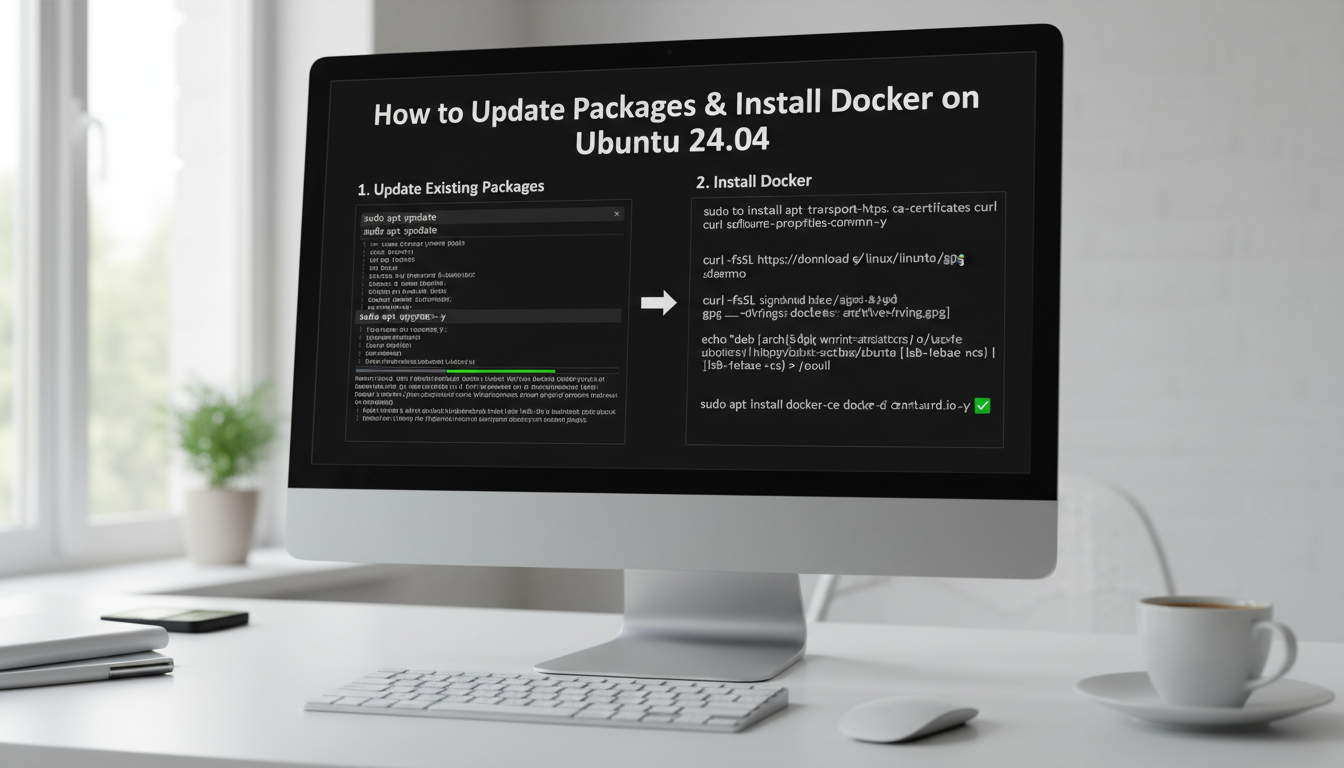 Photorealistic diagram showing updating packages before installing Docker on Ubuntu 24.04 with natural lighting and sharp focus.