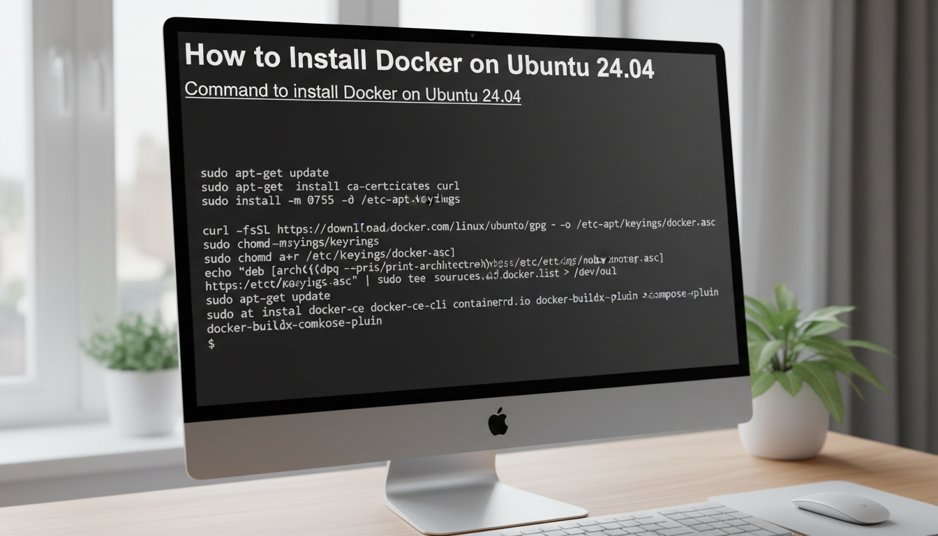 Photorealistic diagram showing terminal command to install Docker on Ubuntu 24.04 with natural lighting and sharp focus.