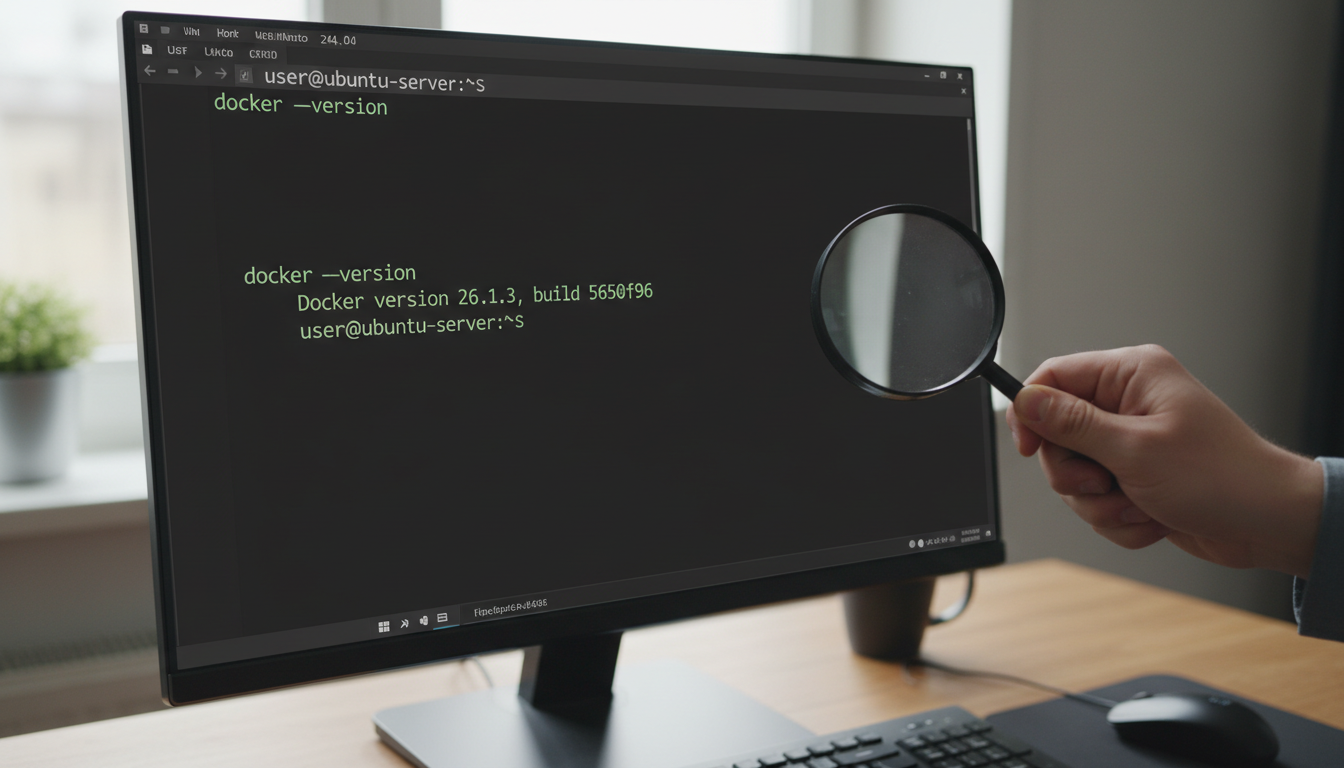 Photorealistic diagram showing command to verify Docker installation on Ubuntu 24.04 with natural lighting and sharp focus.