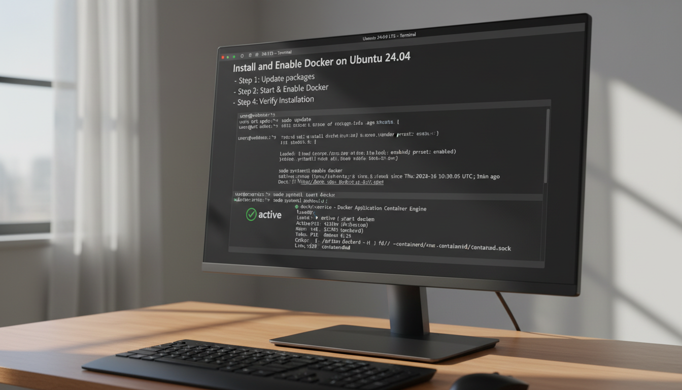 Photorealistic diagram showing steps to start and enable Docker service on Ubuntu 24.04 with clear labels.