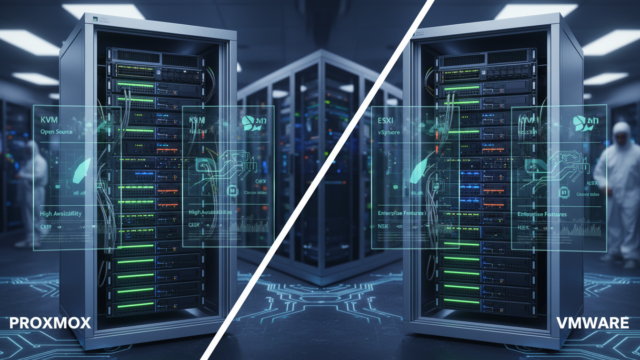 Photorealistic comparison of Proxmox and VMware in a professional IT environment with detailed technical focus.