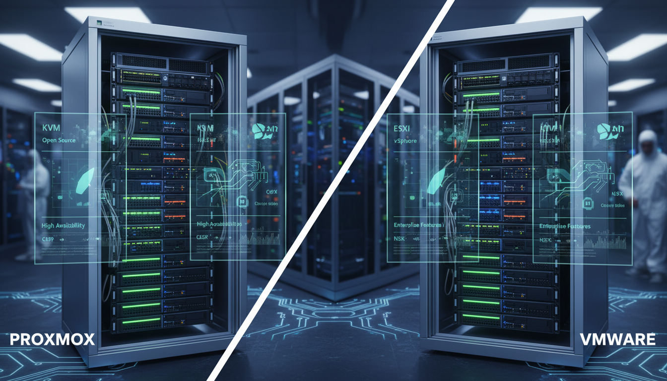 Photorealistic comparison of Proxmox and VMware in a professional IT environment with detailed technical focus.